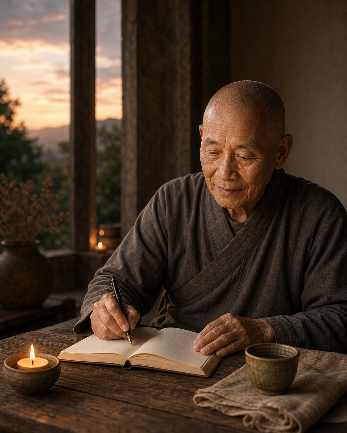 Brother Santi writing by candlelight