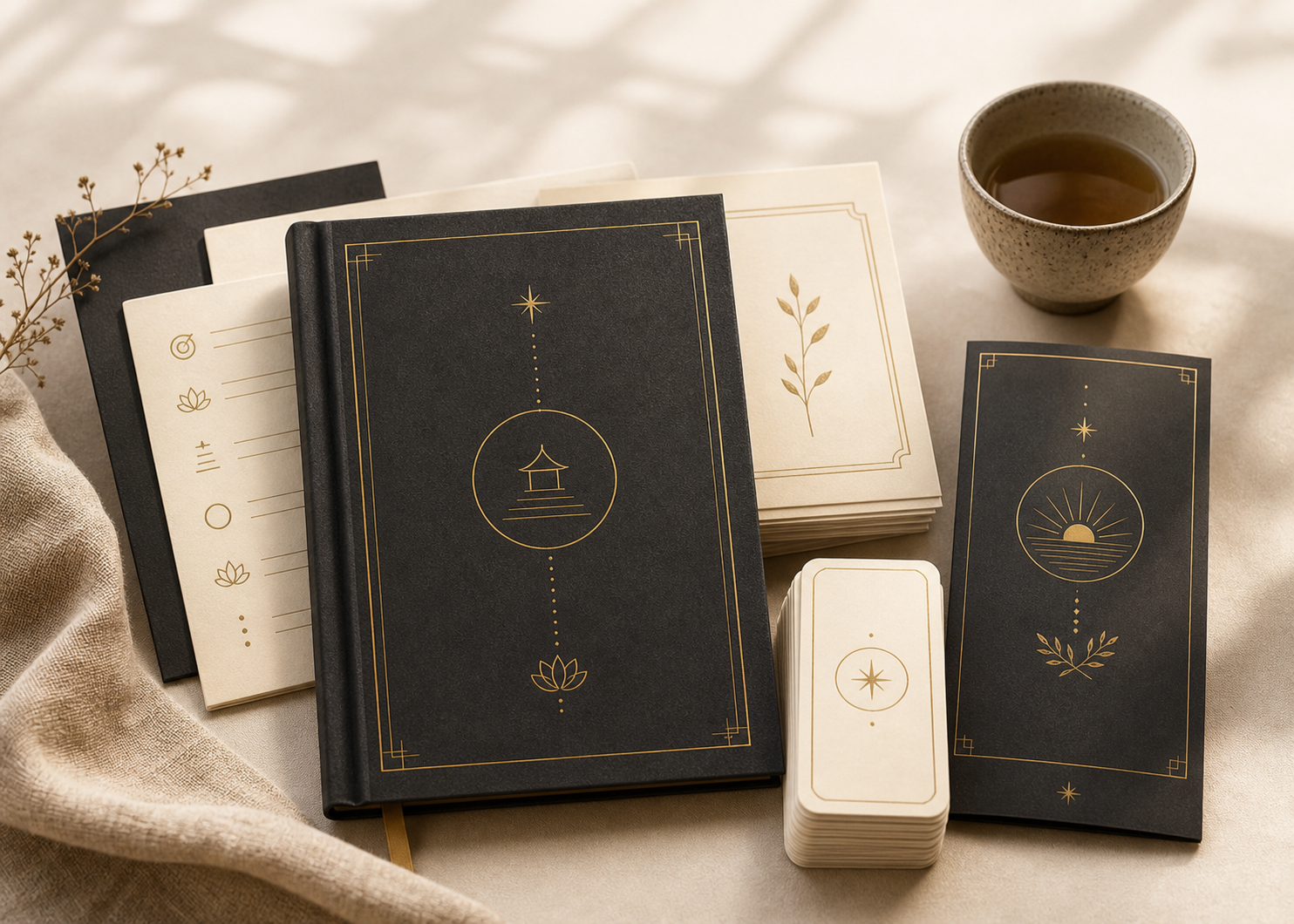 Premium mockup of The Way Back to Peace ebook, worksheet pack, bonus files, and reflection cards