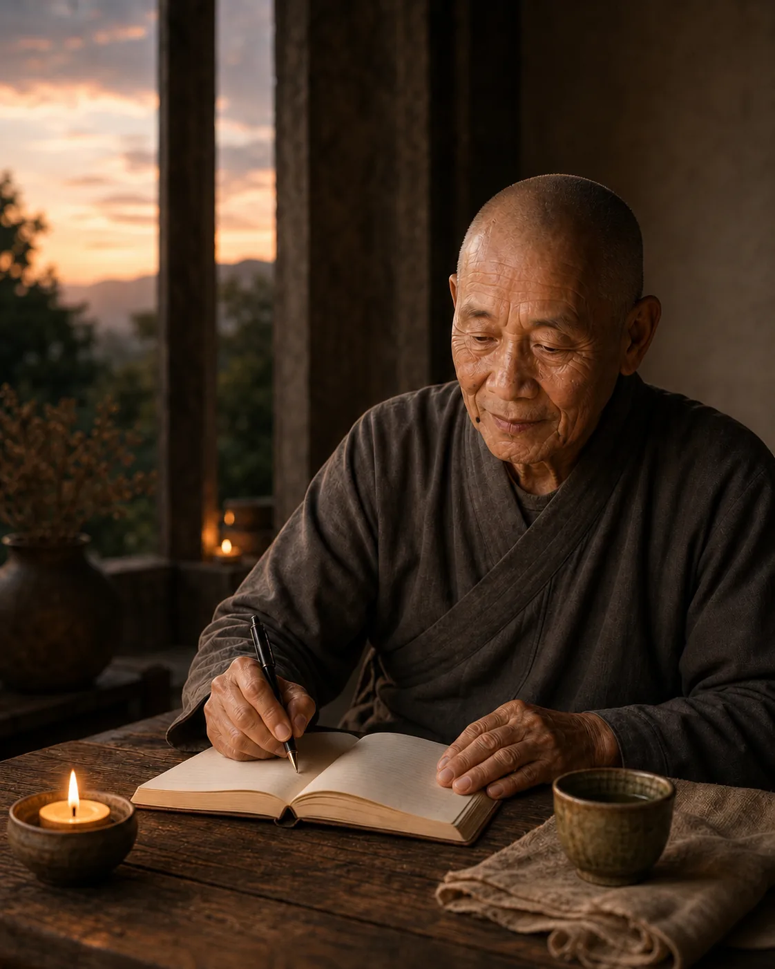 Brother Santi writing by candlelight