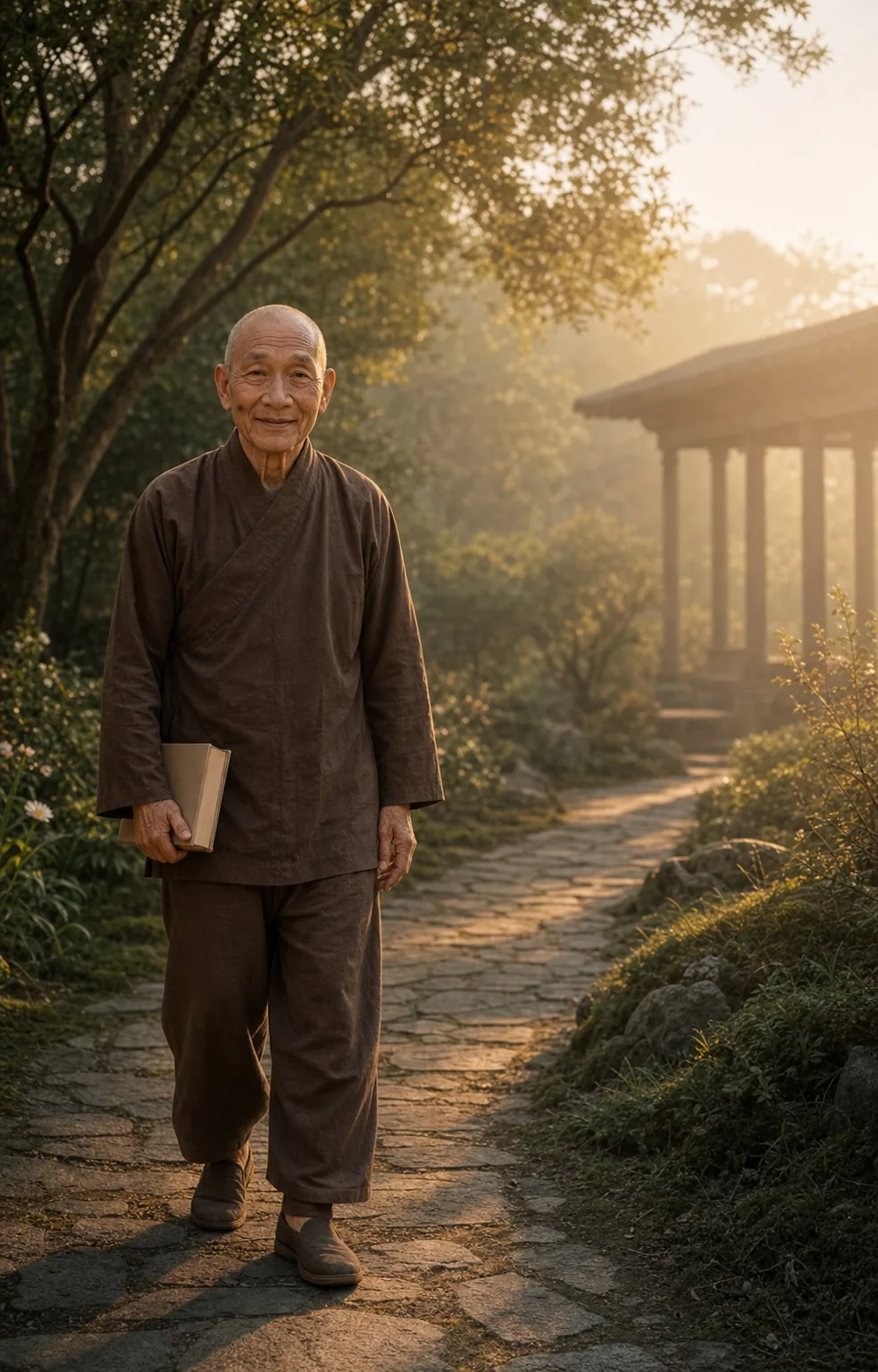 Brother Santi walking through a quiet garden